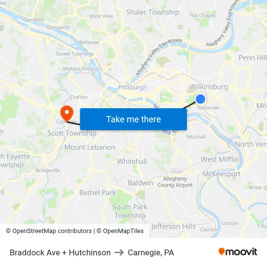 Braddock Ave + Hutchinson to Carnegie, PA map