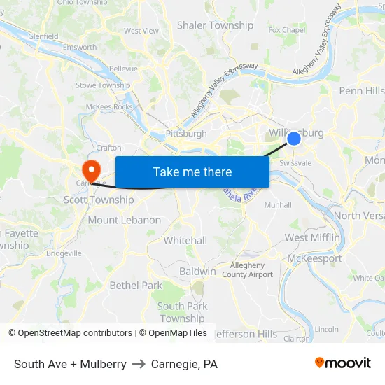 South Ave + Mulberry to Carnegie, PA map
