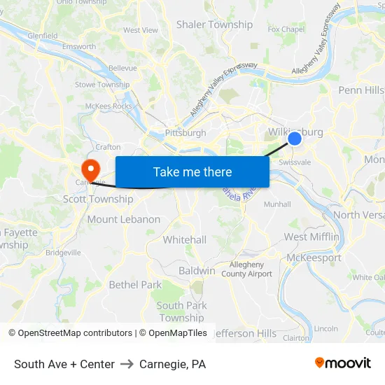 South Ave + Center to Carnegie, PA map
