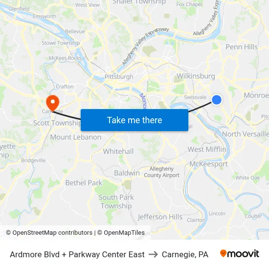 Ardmore Blvd + Parkway Center East to Carnegie, PA map