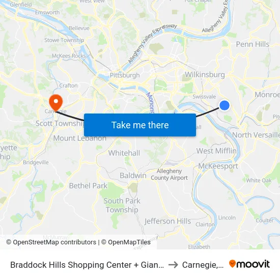 Braddock Hills Shopping Center + Giant Eagle to Carnegie, PA map