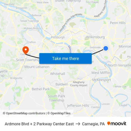 Ardmore Blvd + 2 Parkway Center East to Carnegie, PA map