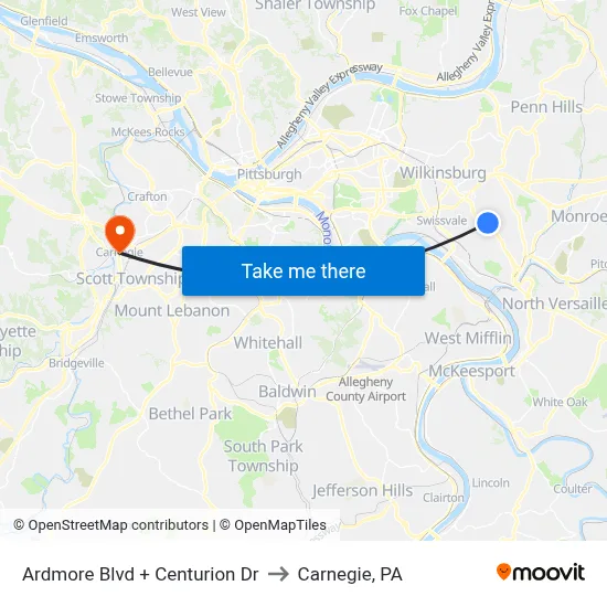 Ardmore Blvd + Centurion Dr to Carnegie, PA map