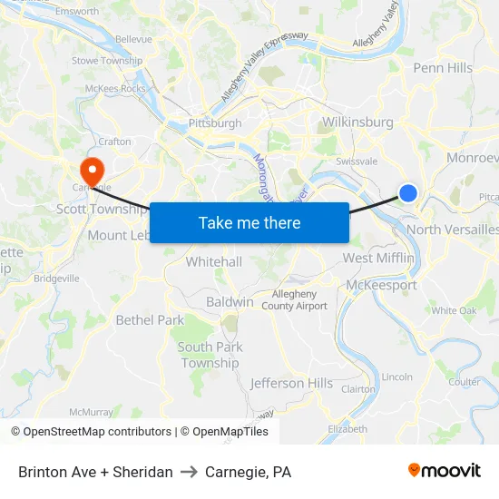 Brinton Ave + Sheridan to Carnegie, PA map