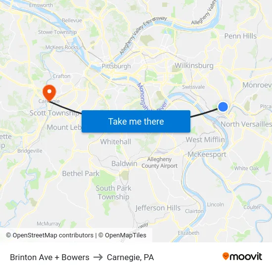 Brinton Ave + Bowers to Carnegie, PA map