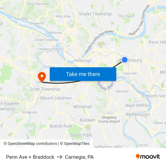 Penn Ave + Braddock to Carnegie, PA map