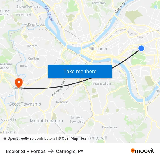 Beeler St + Forbes to Carnegie, PA map