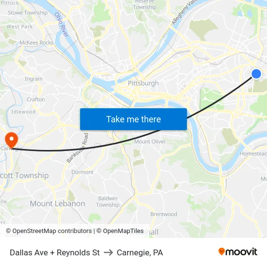 Dallas Ave + Reynolds St to Carnegie, PA map