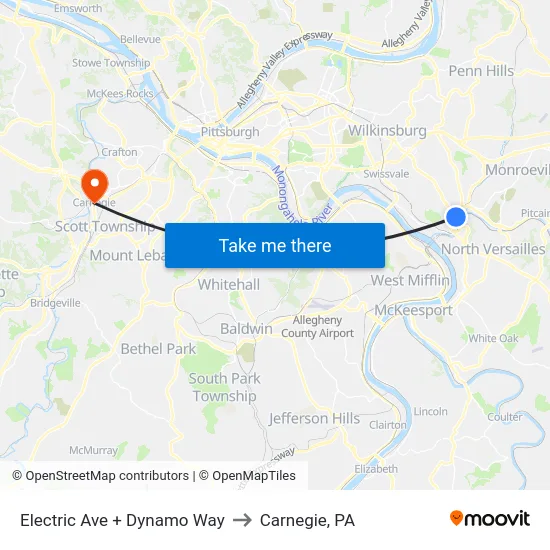 Electric Ave + Dynamo Way to Carnegie, PA map