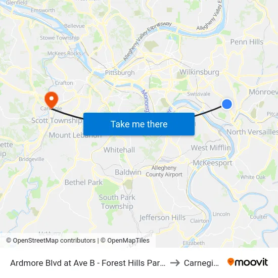 Ardmore Blvd at Ave B - Forest Hills Park And Ride to Carnegie, PA map