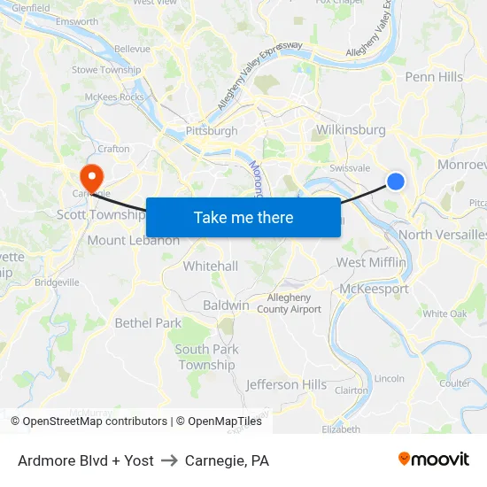 Ardmore Blvd + Yost to Carnegie, PA map