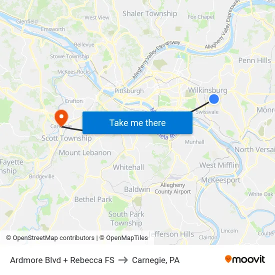 Ardmore Blvd + Rebecca FS to Carnegie, PA map
