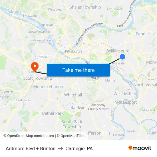 Ardmore Blvd + Brinton to Carnegie, PA map
