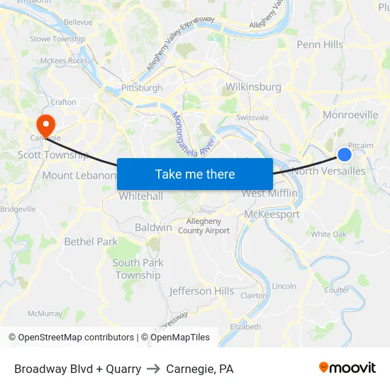 Broadway Blvd + Quarry to Carnegie, PA map