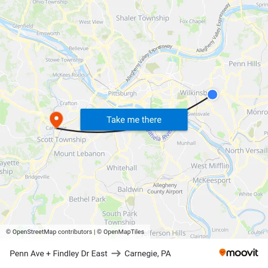 Penn Ave + Findley Dr East to Carnegie, PA map