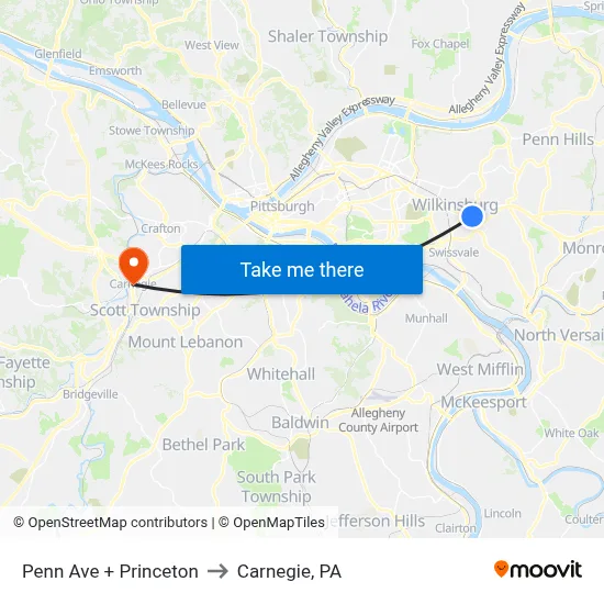 Penn Ave + Princeton to Carnegie, PA map