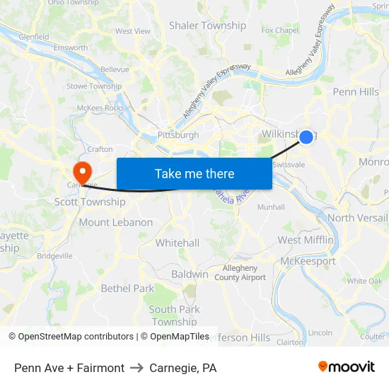 Penn Ave + Fairmont to Carnegie, PA map