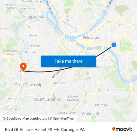 Blvd Of Allies + Halket FS to Carnegie, PA map
