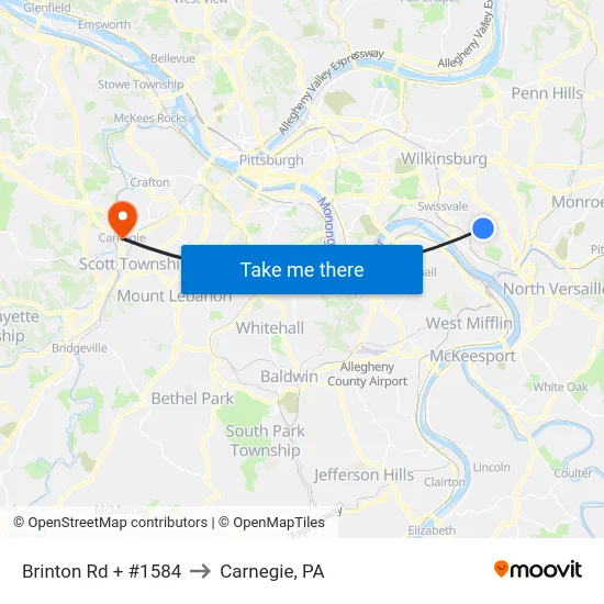 Brinton Rd + #1584 to Carnegie, PA map