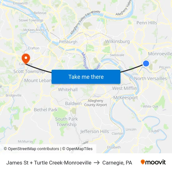 James St + Turtle Creek-Monroeville to Carnegie, PA map