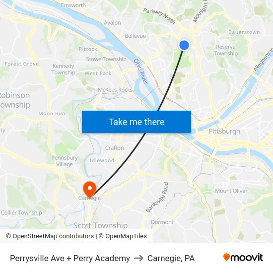 Perrysville Ave + Perry Academy to Carnegie, PA map