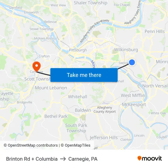 Brinton Rd + Columbia to Carnegie, PA map