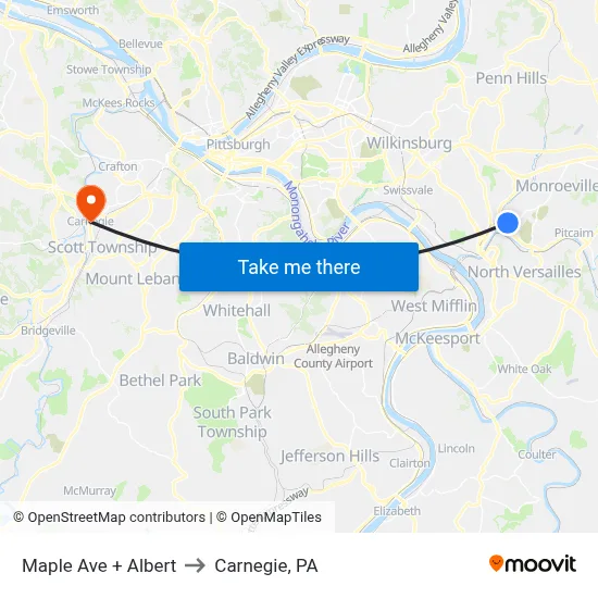 Maple Ave + Albert to Carnegie, PA map