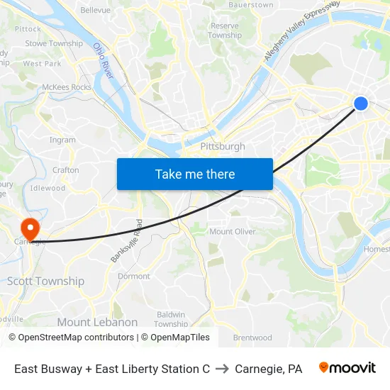 East Busway + East Liberty Station C to Carnegie, PA map
