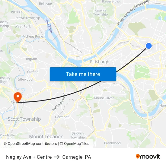 Negley Ave + Centre to Carnegie, PA map