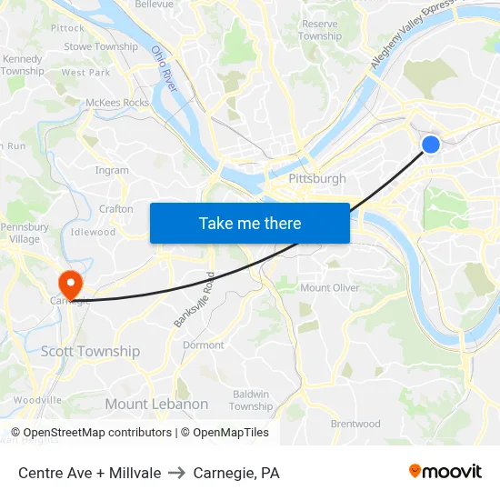 Centre Ave + Millvale to Carnegie, PA map