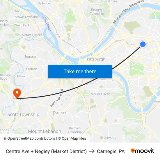 Centre Ave + Negley (Market District) to Carnegie, PA map