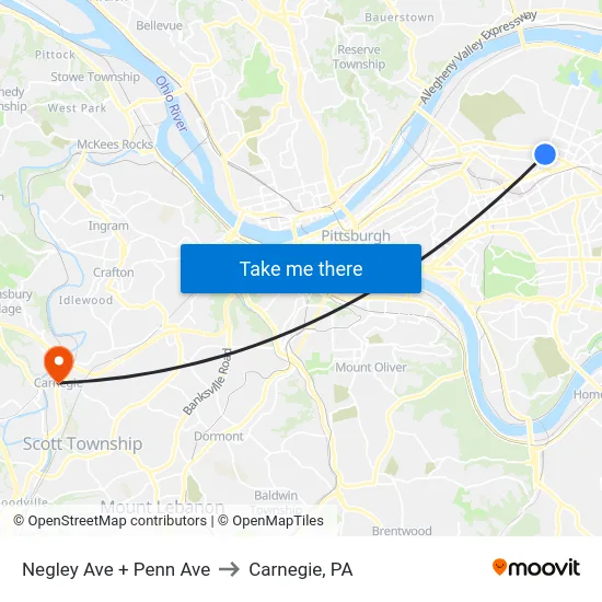 Negley Ave + Penn Ave to Carnegie, PA map