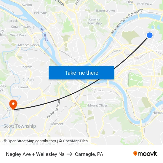 Negley Ave + Wellesley Ns to Carnegie, PA map