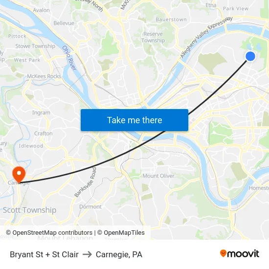 Bryant St + St Clair to Carnegie, PA map