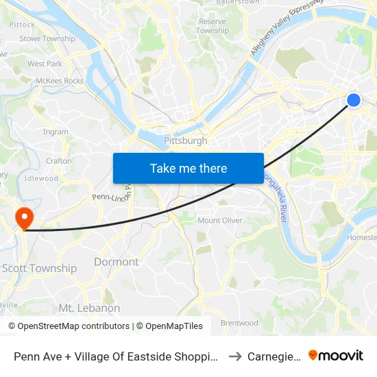 Penn Ave + Village Of Eastside Shopping Center to Carnegie, PA map