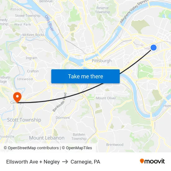 Ellsworth Ave + Negley to Carnegie, PA map