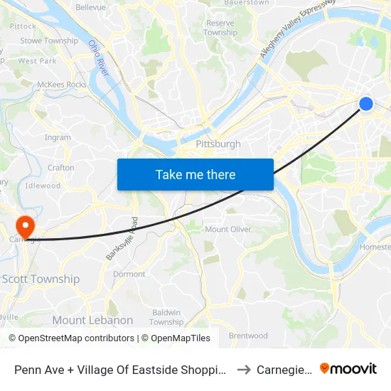 Penn Ave + Village Of Eastside Shopping Center to Carnegie, PA map