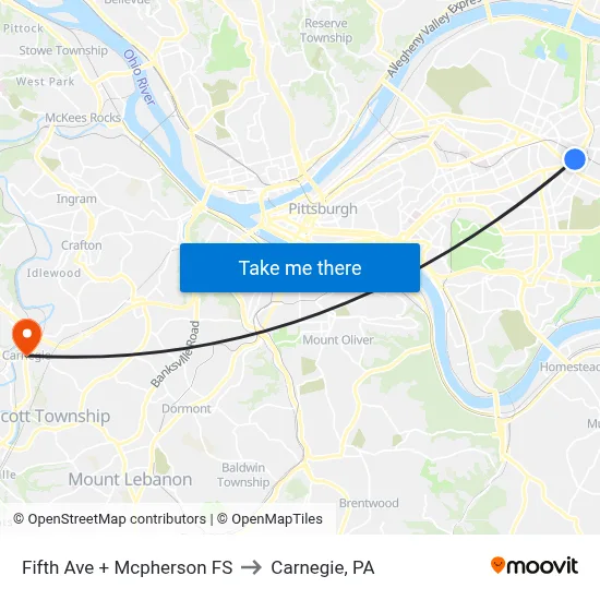 Fifth Ave + Mcpherson FS to Carnegie, PA map