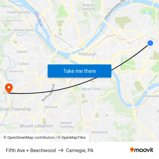 Fifth Ave + Beechwood to Carnegie, PA map