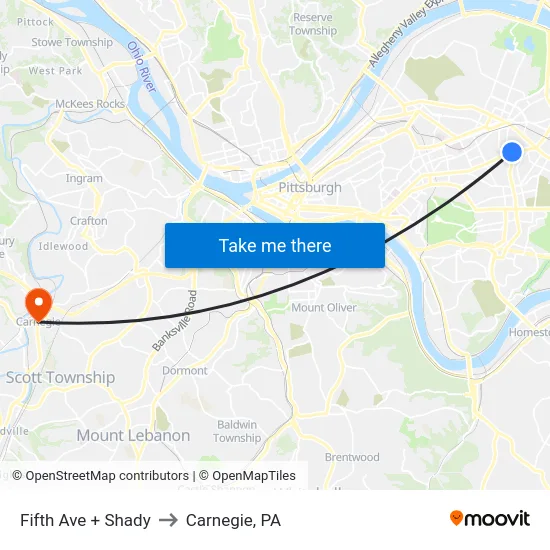 Fifth Ave + Shady to Carnegie, PA map