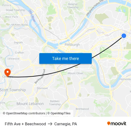 Fifth Ave + Beechwood to Carnegie, PA map