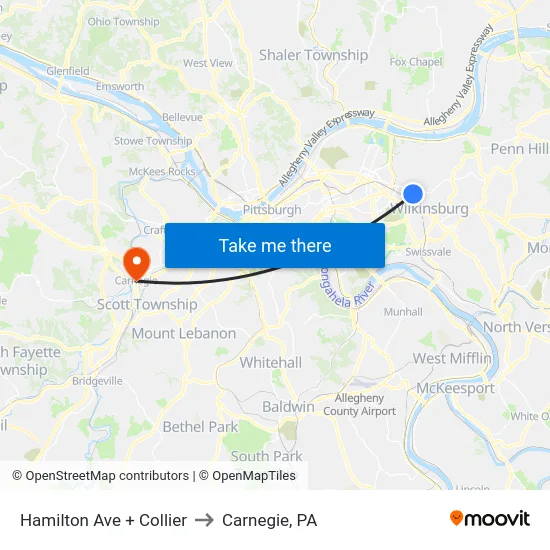 Hamilton Ave + Collier to Carnegie, PA map