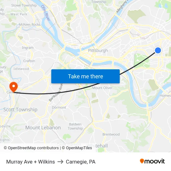 Murray Ave + Wilkins to Carnegie, PA map