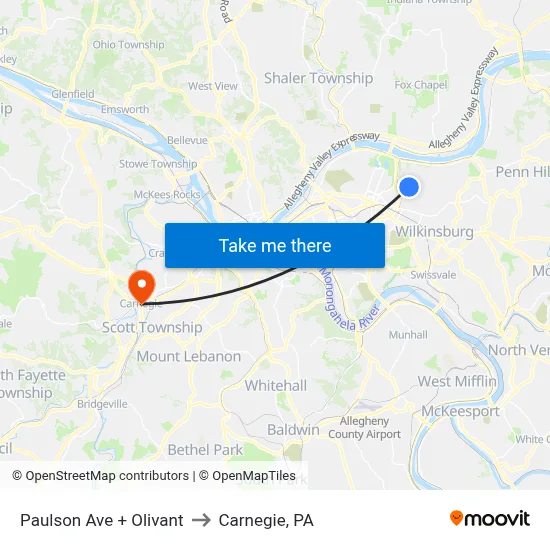 Paulson Ave + Olivant to Carnegie, PA map