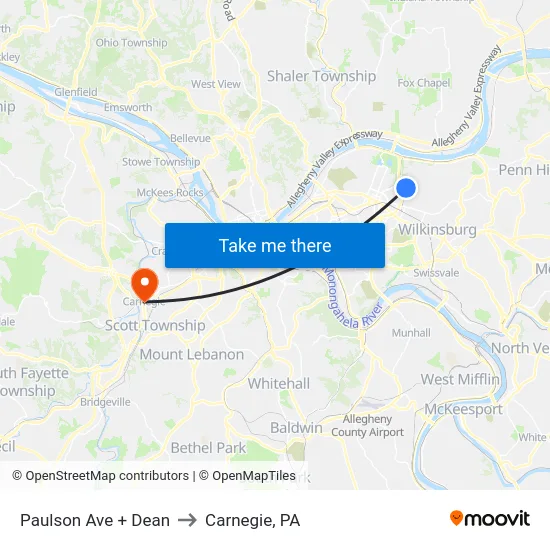 Paulson Ave + Dean to Carnegie, PA map