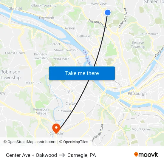 Center Ave + Oakwood to Carnegie, PA map