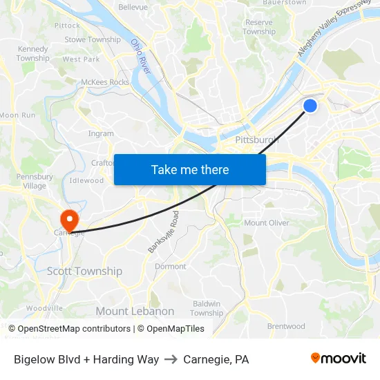 Bigelow Blvd + Harding Way to Carnegie, PA map