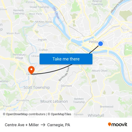 Centre Ave + Miller to Carnegie, PA map
