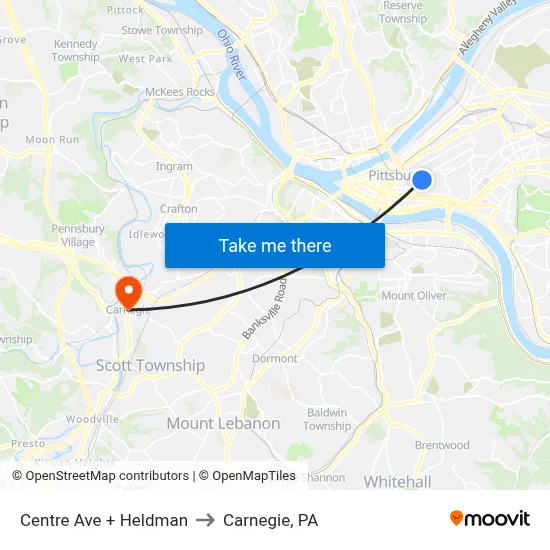 Centre Ave + Heldman to Carnegie, PA map