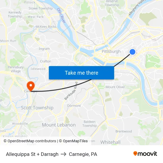 Allequippa St + Darragh to Carnegie, PA map